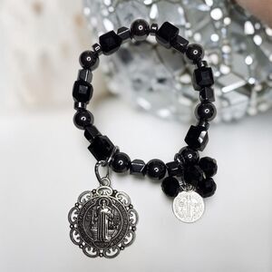 St Benedict Medal Stretch Black Hematite Bracelet Religious Gothic Charm